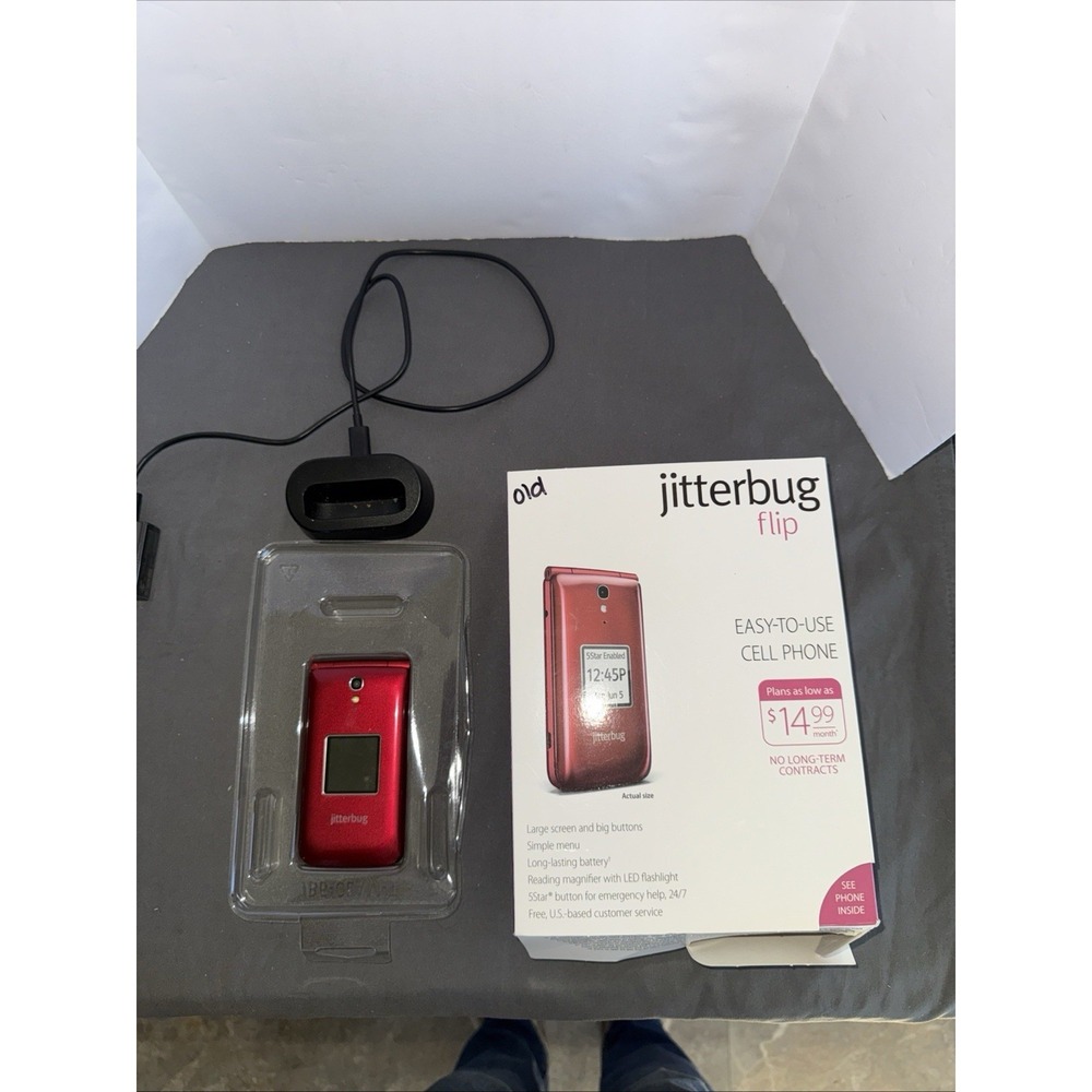 Jitterbug Flip Easy-to-Use Red Cell Phone 4043S w/5 Star Emergency Button